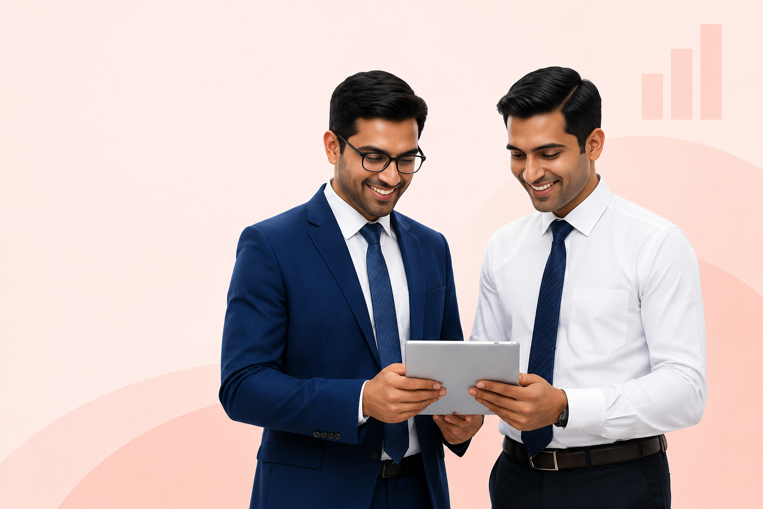 Two business professionals reviewing a tablet